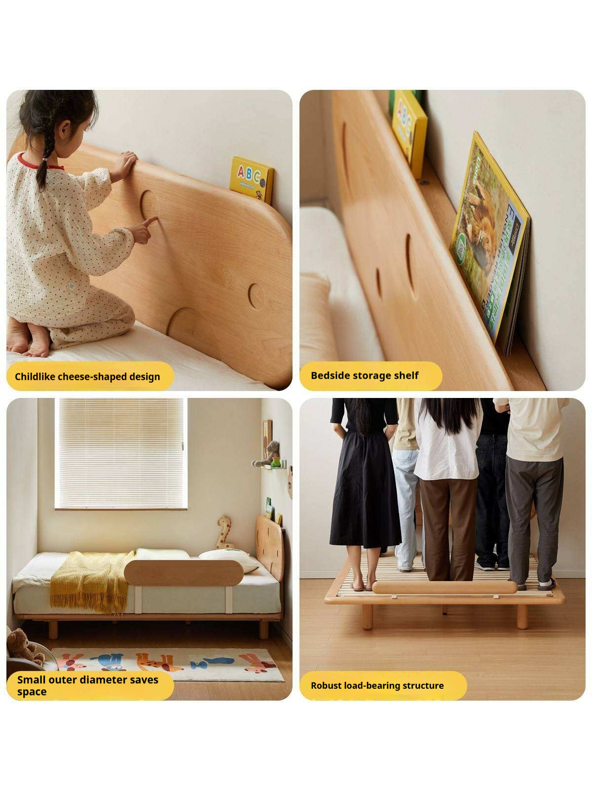 Beech Solid Wood Kids Floating Bed with Night Light and Optional Guardrails