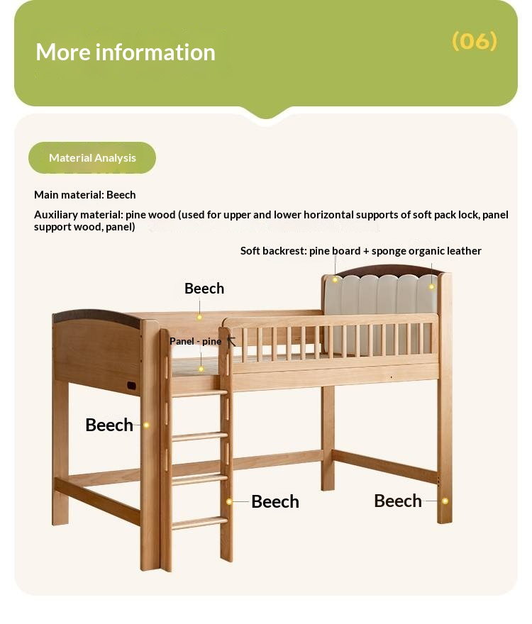 Beech Solid Wood Children's Soft Backrest Storage Loft Bed with Night Light