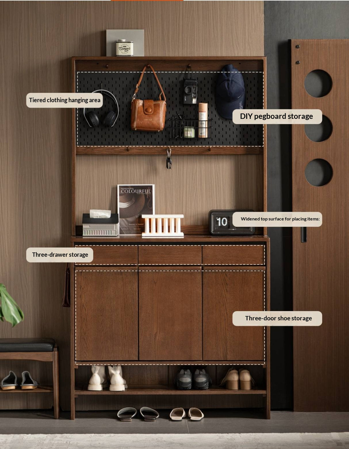 Oak Solid Wood Large Entryway Shoe Cabinet with Pegboard Hutch and Drawers, Walnut Finish