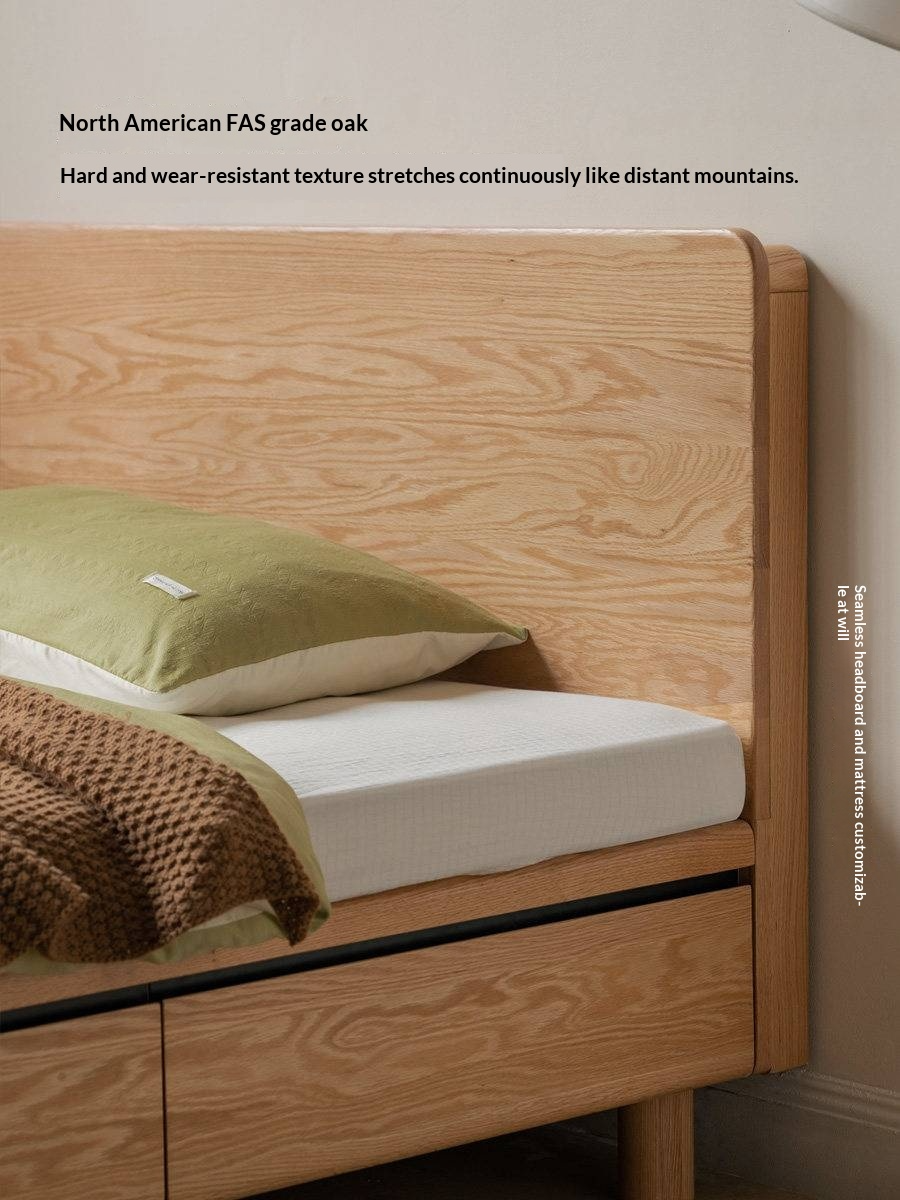 Oak Solid Wood Platform Storage Bed with Hidden Drawers and Bedside Shelf