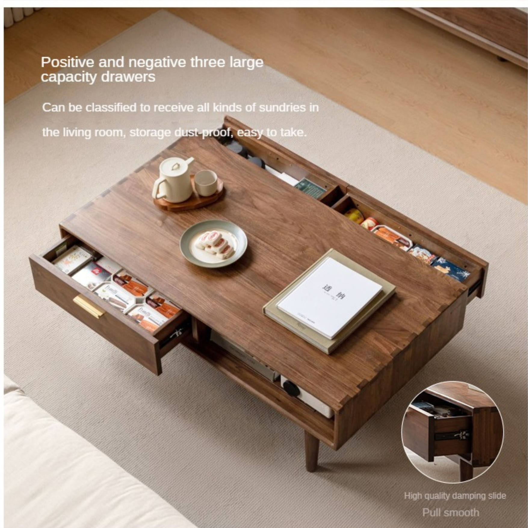 Black Walnut Solid Wood Storage Rock Plate coffee table-