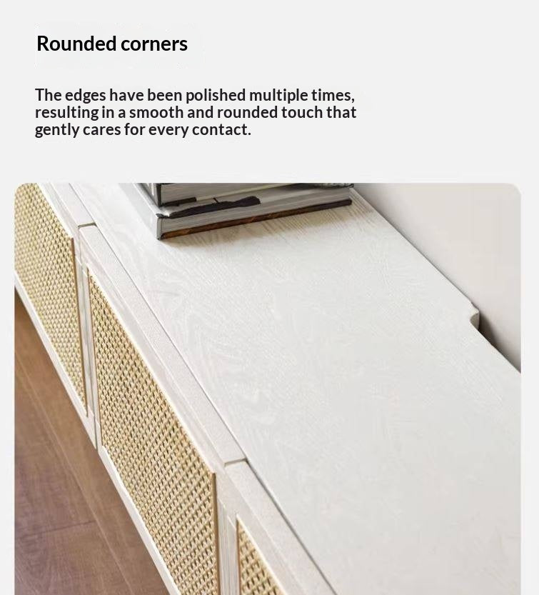 Ash Solid Wood Rattan TV Cabinet Cream Style LED Lights.
