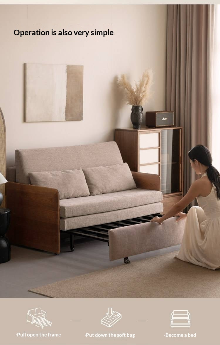 Ash Solid Wood Convertible Sofa Bed with Wood Frame and Adjustable Backrest on Wheels