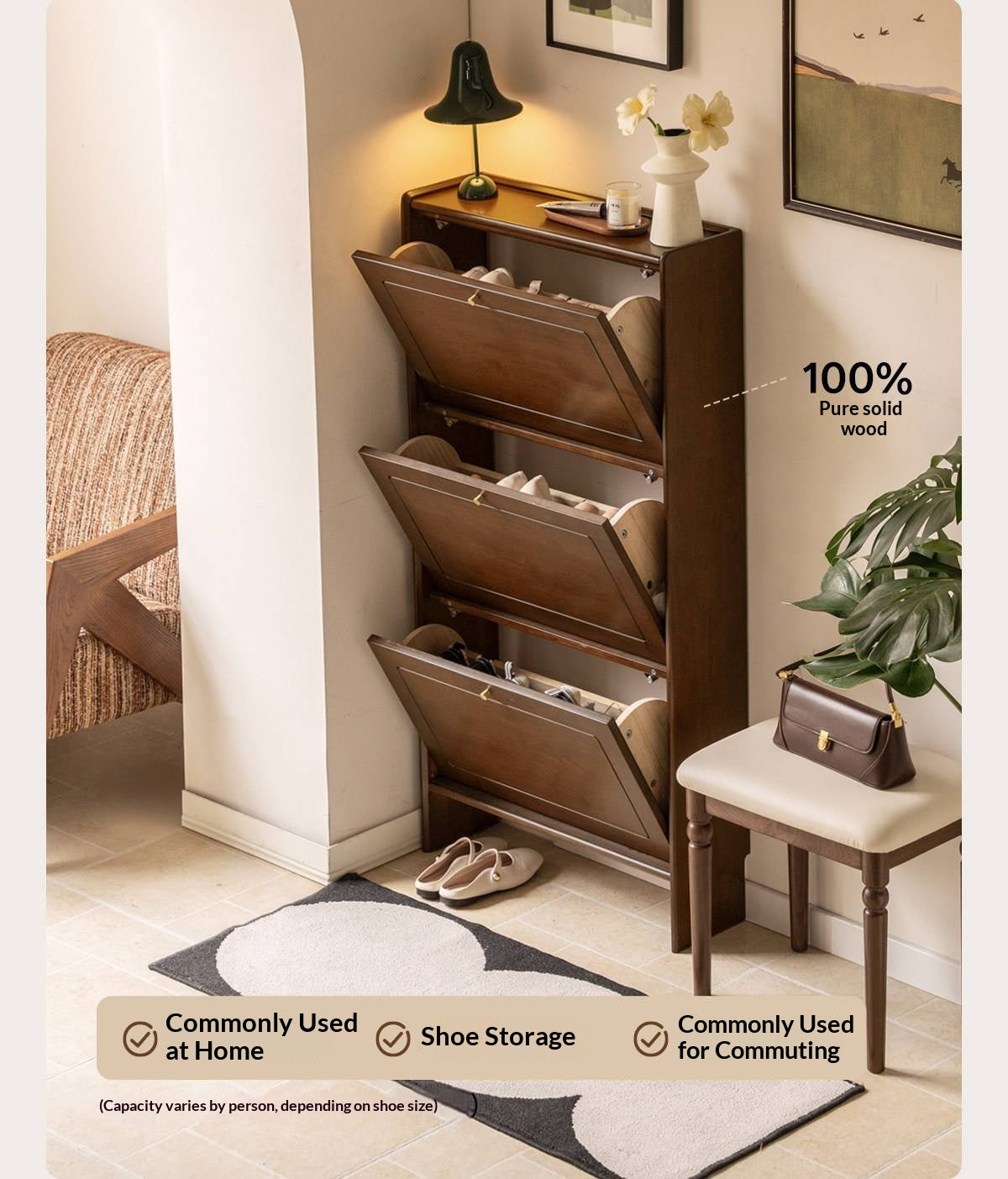 Rubberwood Solid Wood Shoe Cabinet with Space Saving Flip Storage
