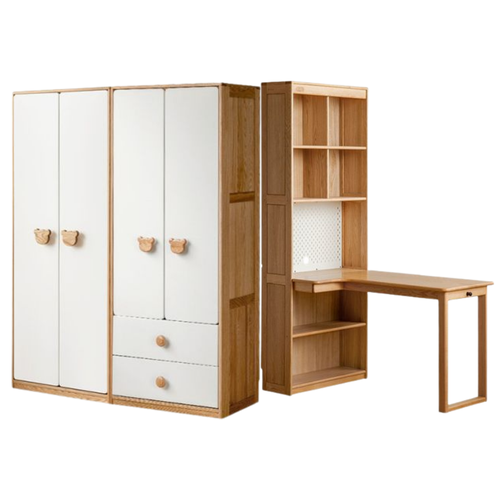 Oak Solid Wood Children's Study Desk, Bookshelf, Wardrobe
