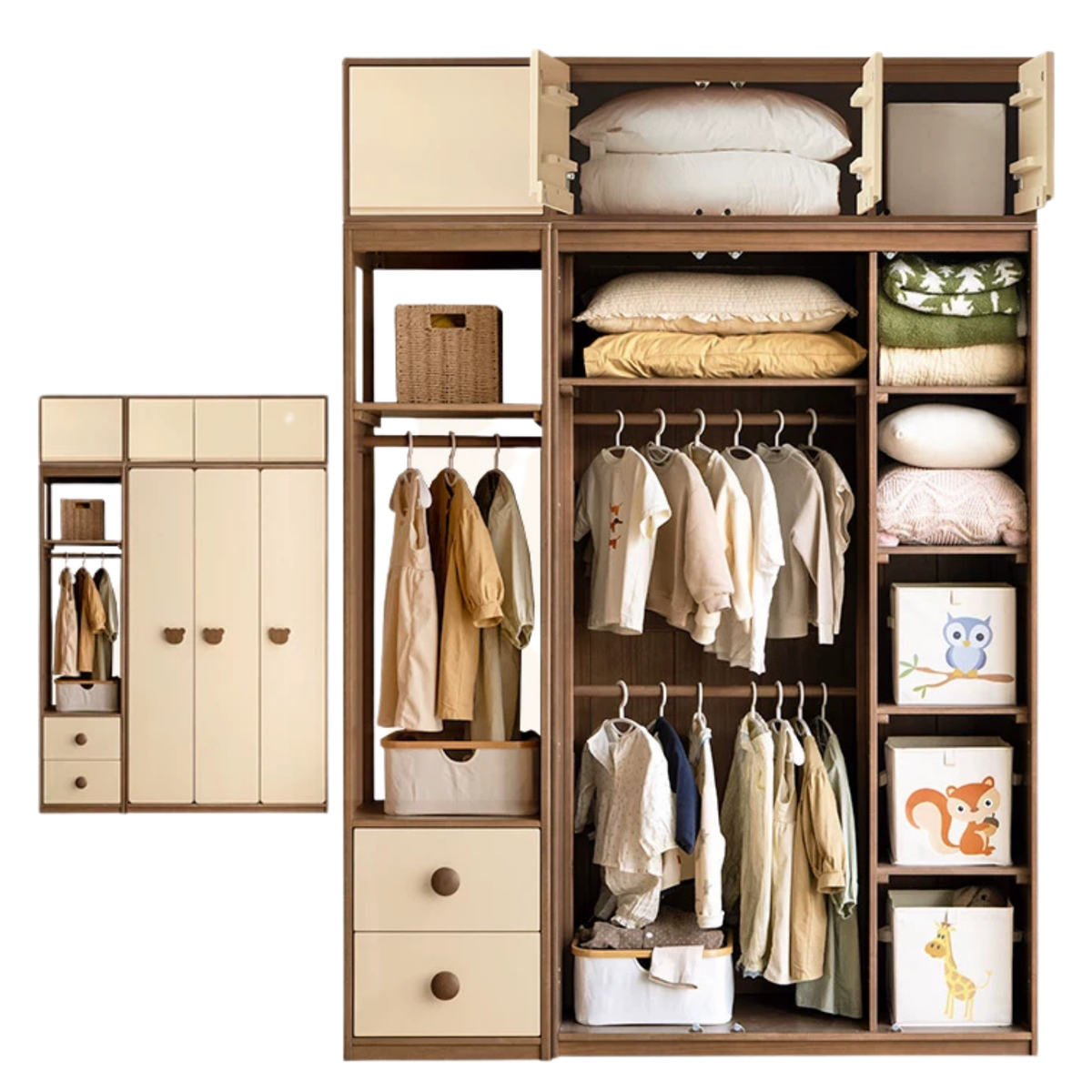 Solid RubberWood Kids Wardrobe Closet with Bear Handles and Storage Drawers