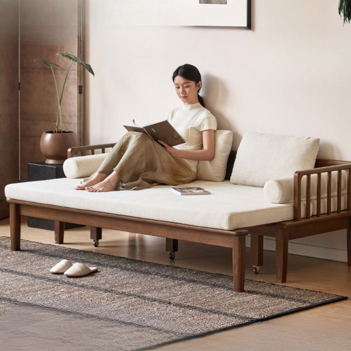 Black Walnut, Ash Solid Wood Daybed Sleeper Sofa with Slatted Wood Back and Arms