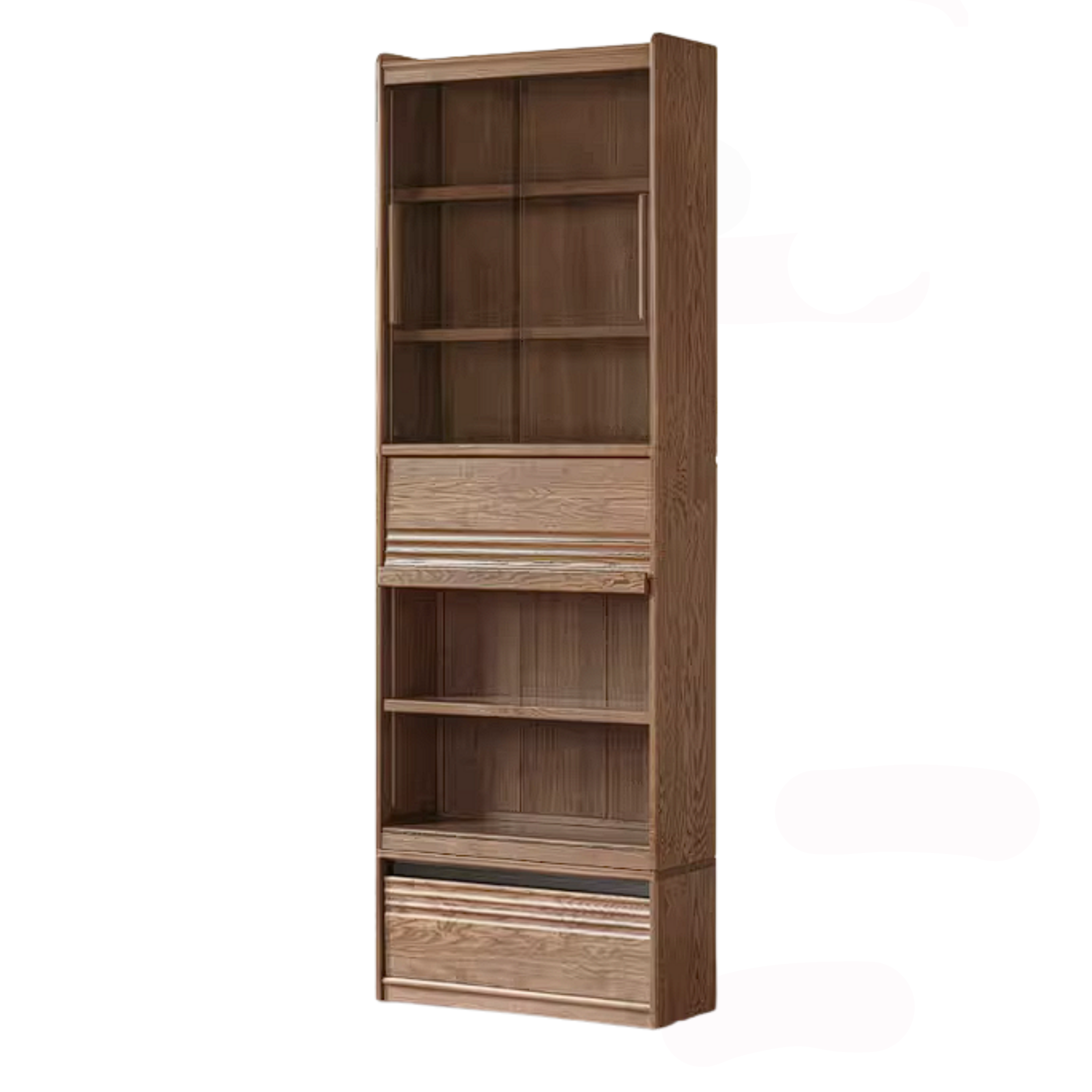 Ash Solid Wood Bookcase with Built In Bench Seat and Storage Drawer, Display Cabinet