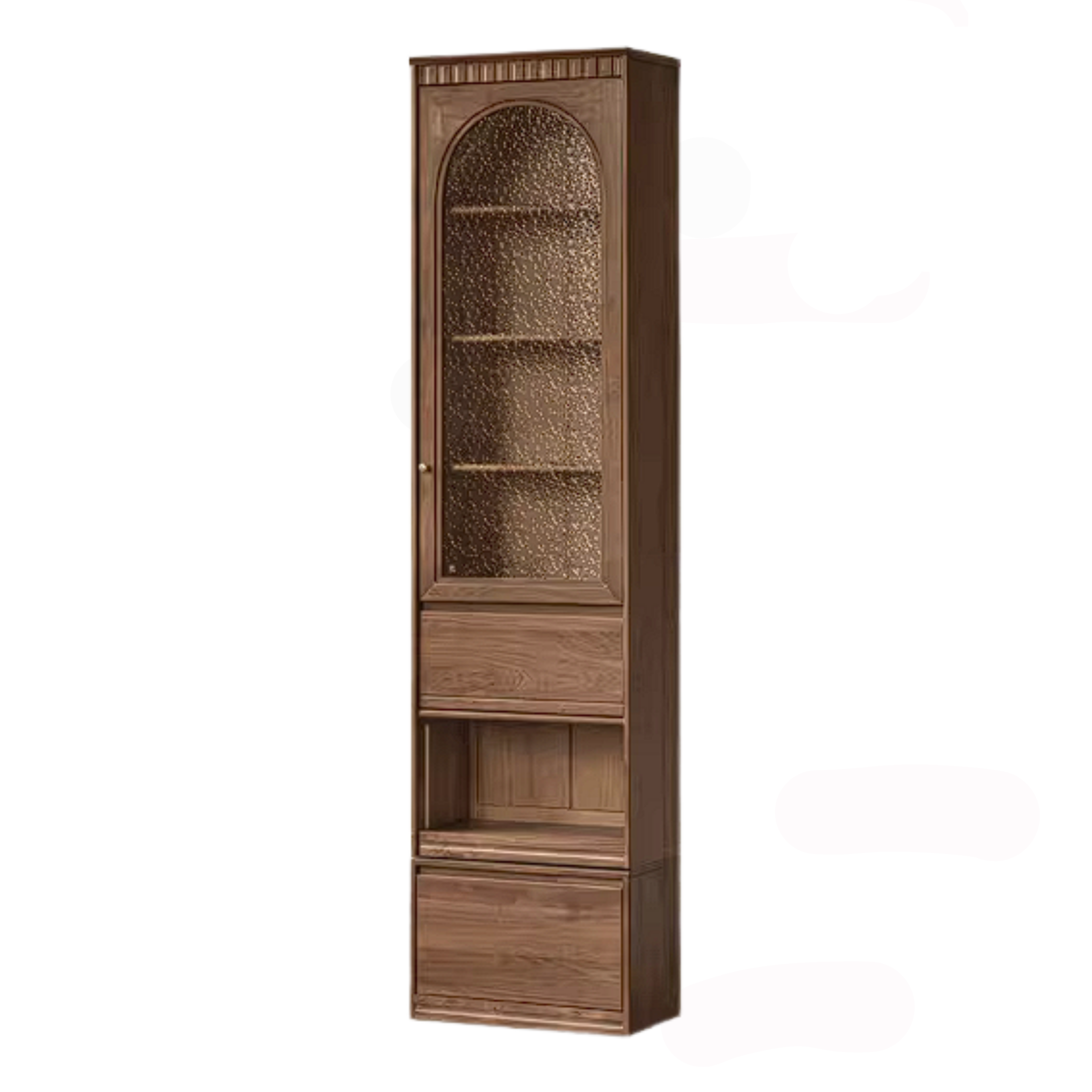 Black Walnut Solid Wood Arched Vintage Bookcase with Glass Door and Storage Drawer