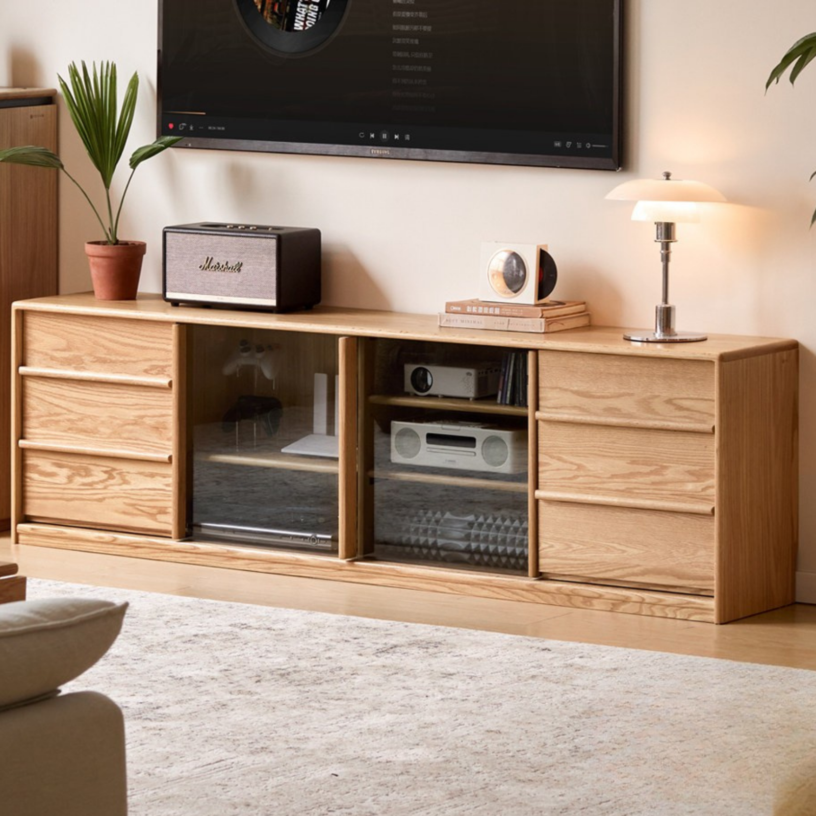 Oak Solid Wood TV Stand with Sliding Glass Doors and Drawers