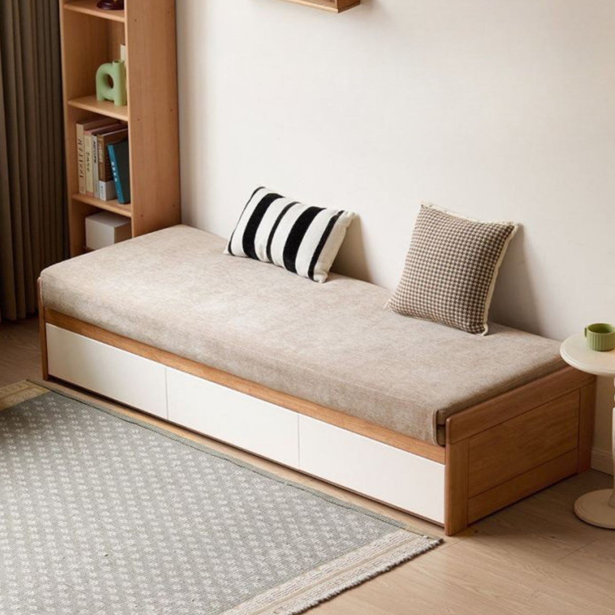 Solid RubberWood Storage Daybed with Pull-Out Drawer and Backless Design