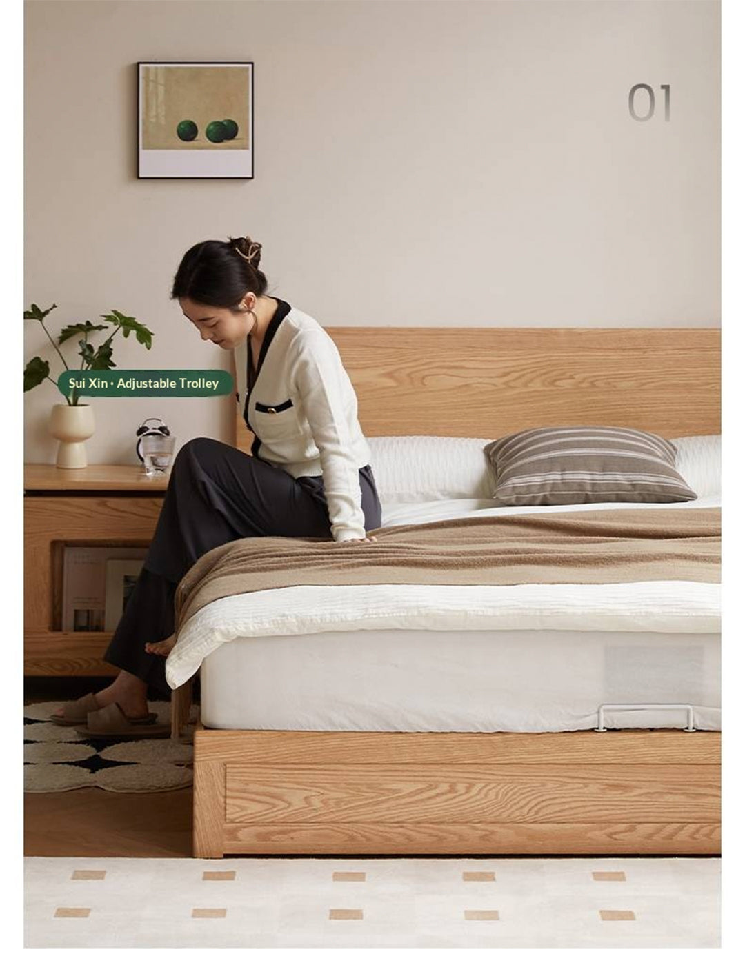 Oak, Ash, Rubberwood Solid Wood Box Bed, Platform Box Bed, Headboard-Free Bed