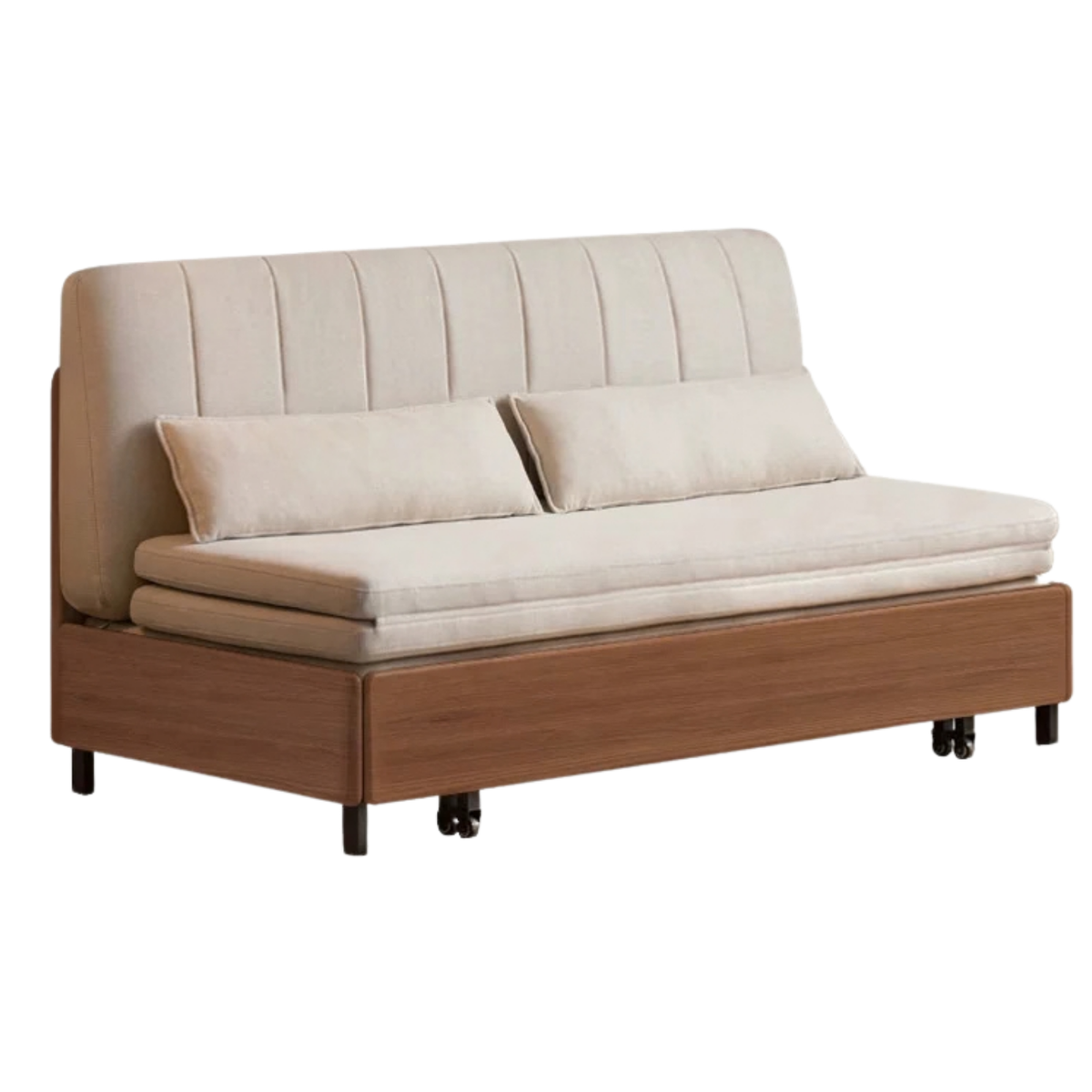 Beech, Birch Solid Wood Channeled Sofa Bed with Three-Fold Pull-Out Mechanism and Metal Legs