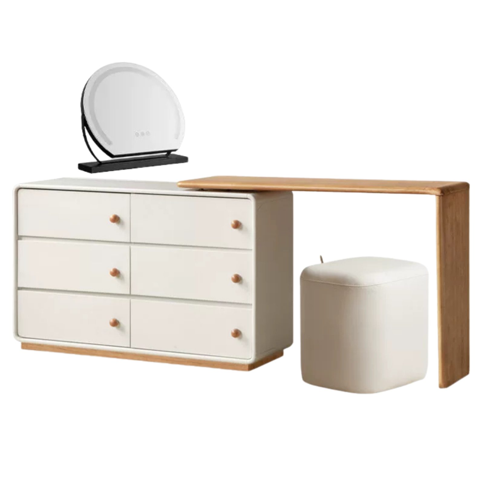 Solid Rubberwood Dresser with Attached Vanity Desk Extension