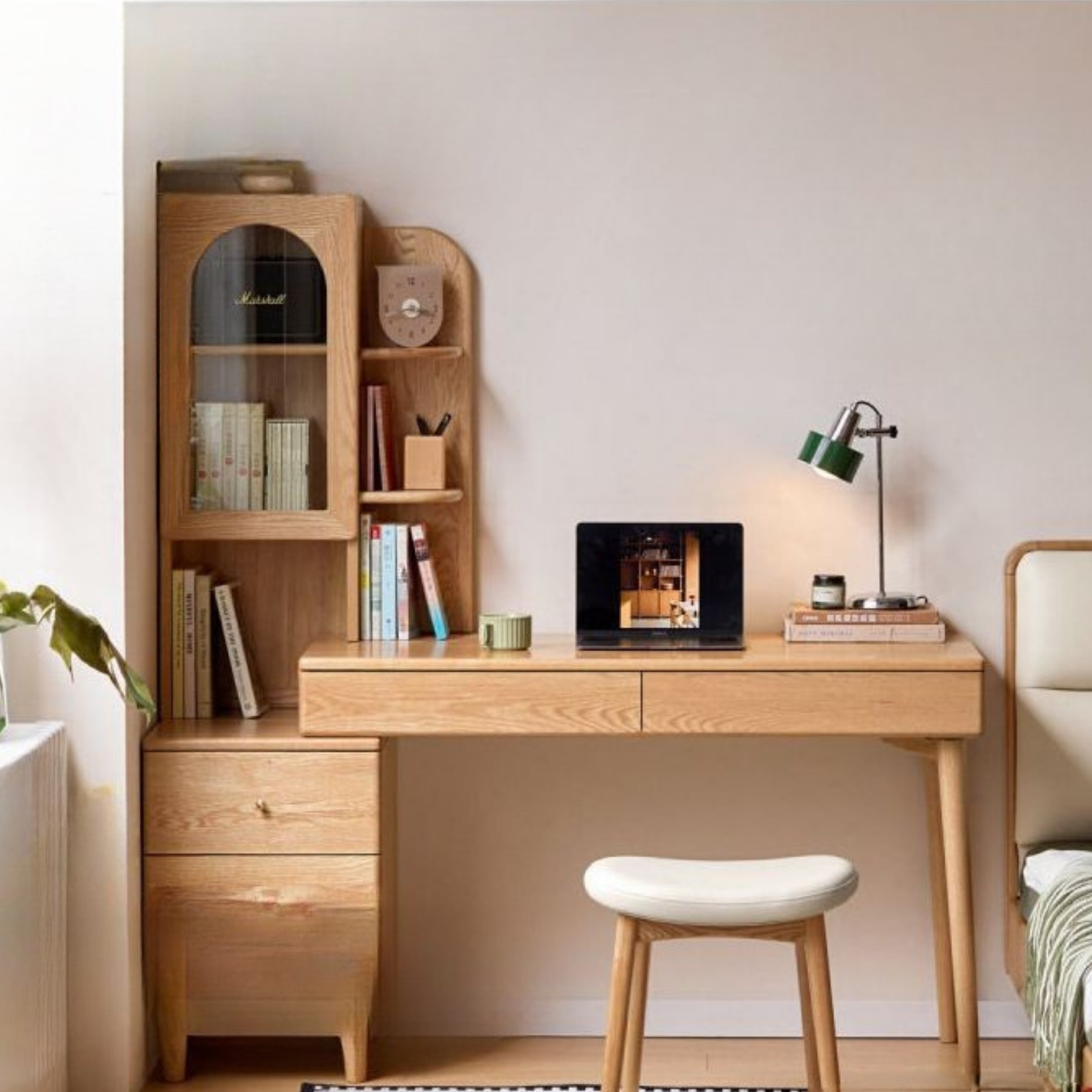 Oak Solid Wood Corner Office Desk with Integrated Bookshelf