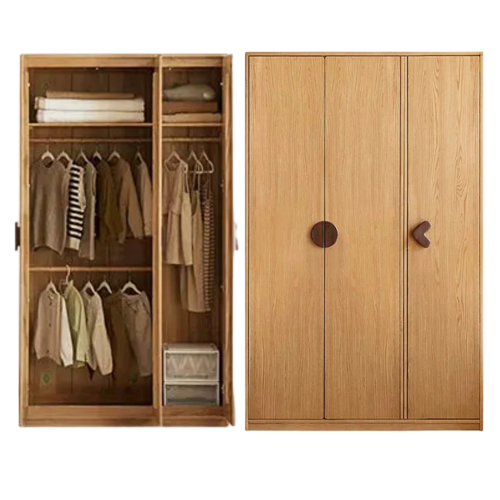 Oak Solid Wood Kids Wardrobe Armoire with Open Shelf and Drawer Combo