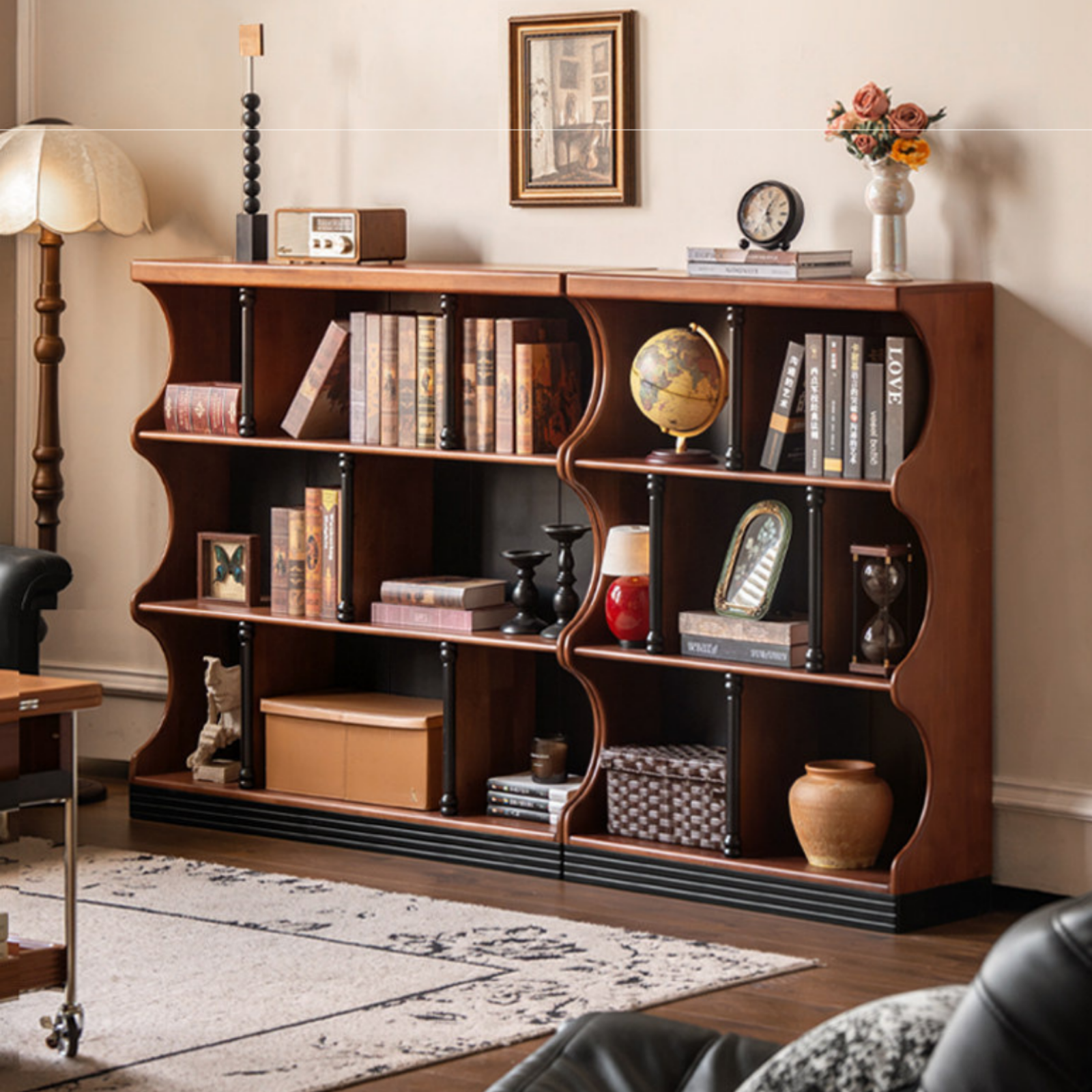 Solid RubberWood French Retro Bookcase with Storage Cabinet