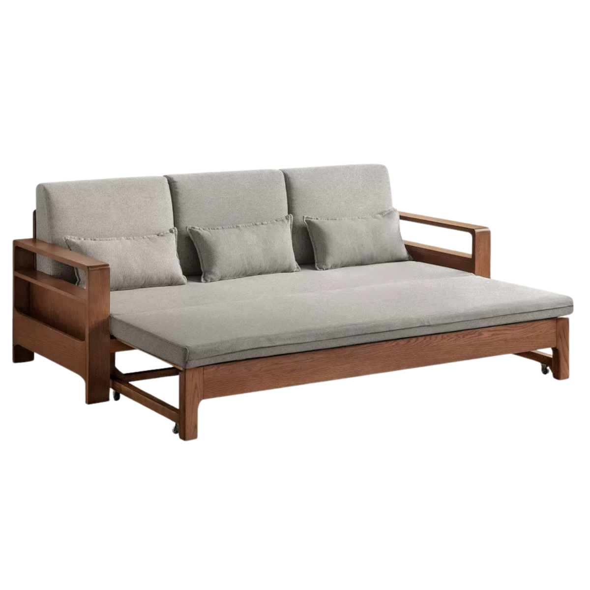 Oak, Beech Sofa Bed with Wood Frame and Side Storage Pocket