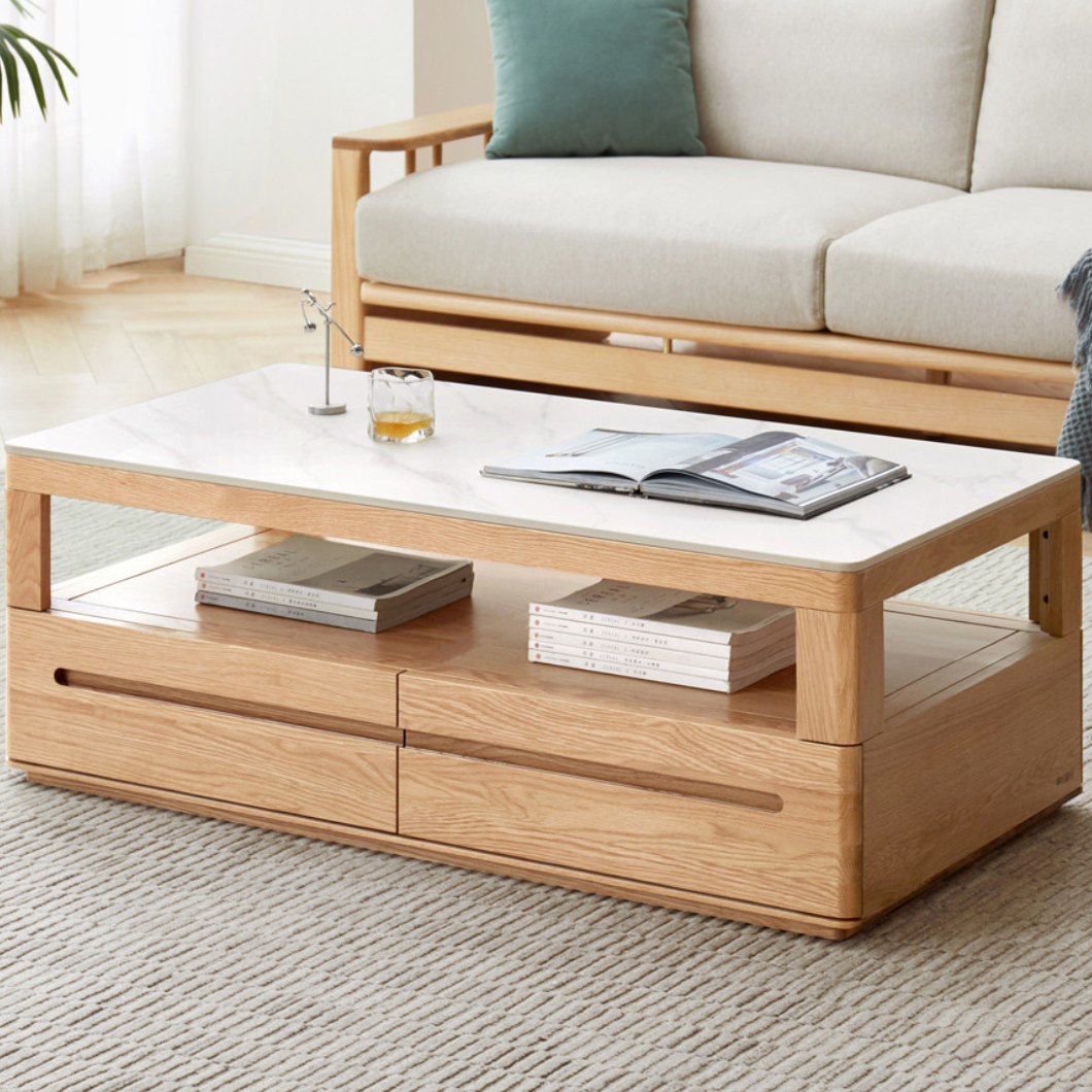 Oak Solid Wood Rock Plate Double-sided four drawers coffee Table"