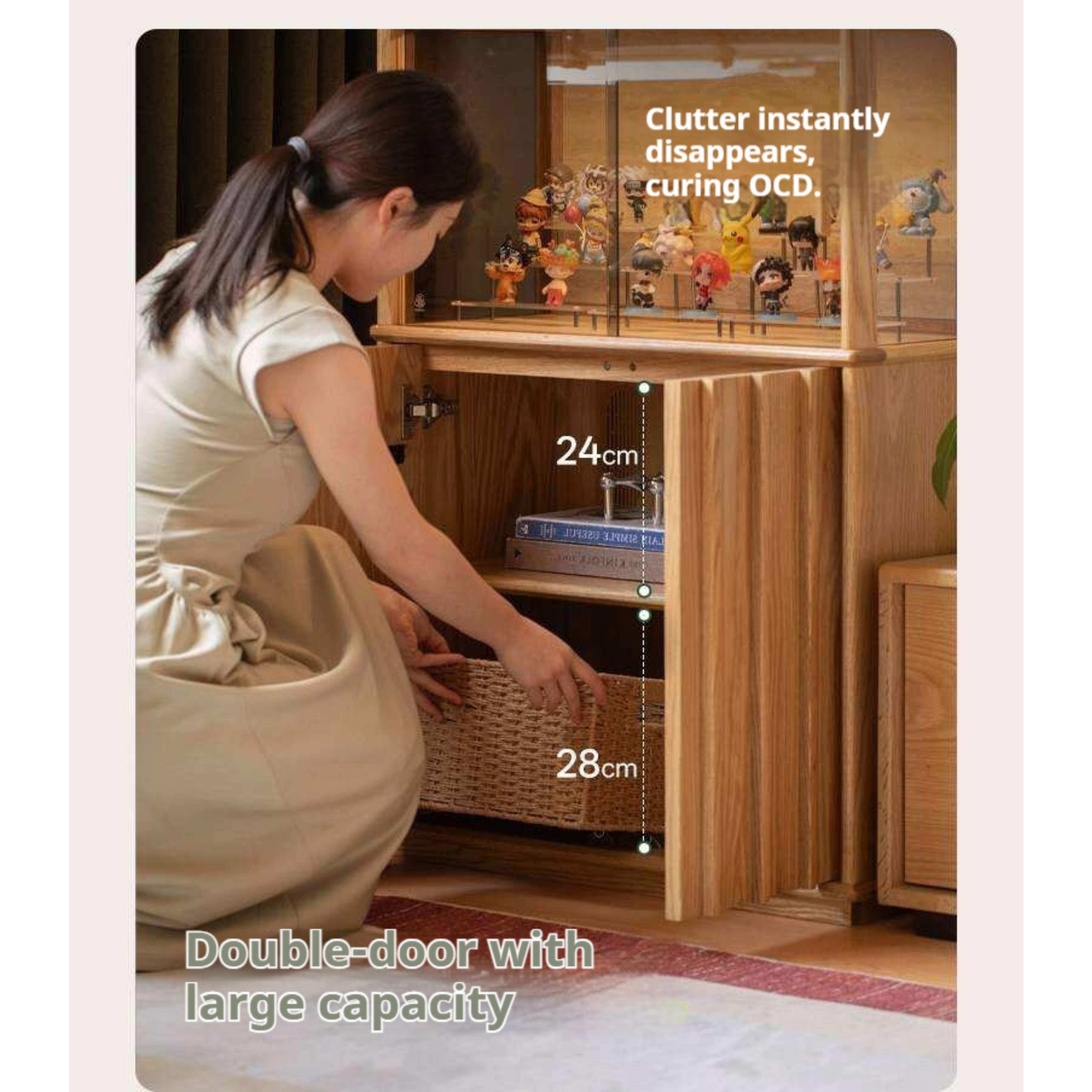 Oak Solid Wood Lighted Display Cabinet with Glass Door and Fluted Wood Panels