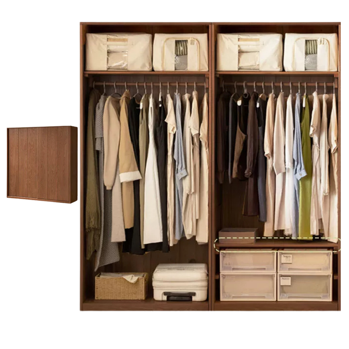Oak Solid Wood Modern Wardrobe with Hybrid Hinged and Sliding Door Layout