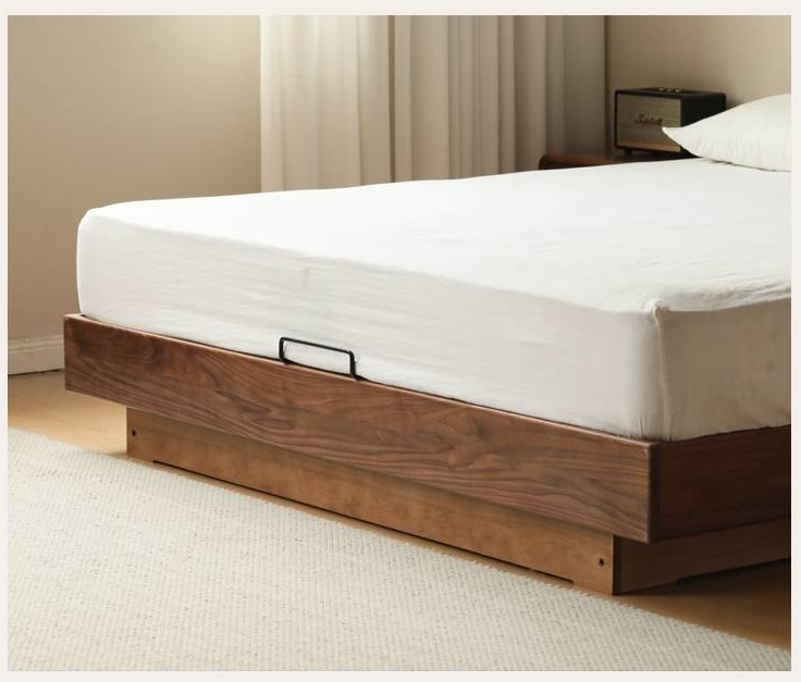Black Walnut Solid Wood Platform Box Bed, Headboard-Free Bed Night Light Suspended Bed