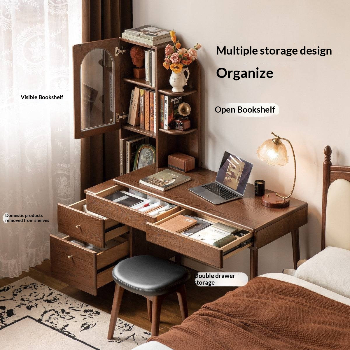 Oak Solid Wood Telescopic Desk with Integrated Bookshelf