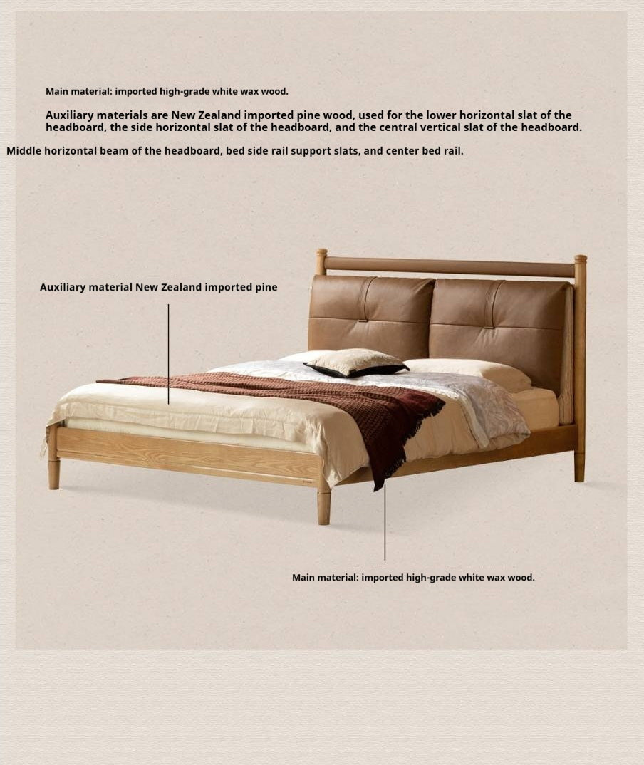 Ash Solid Wood Bed with Plush Genuine Leather Cushioned Headboard
