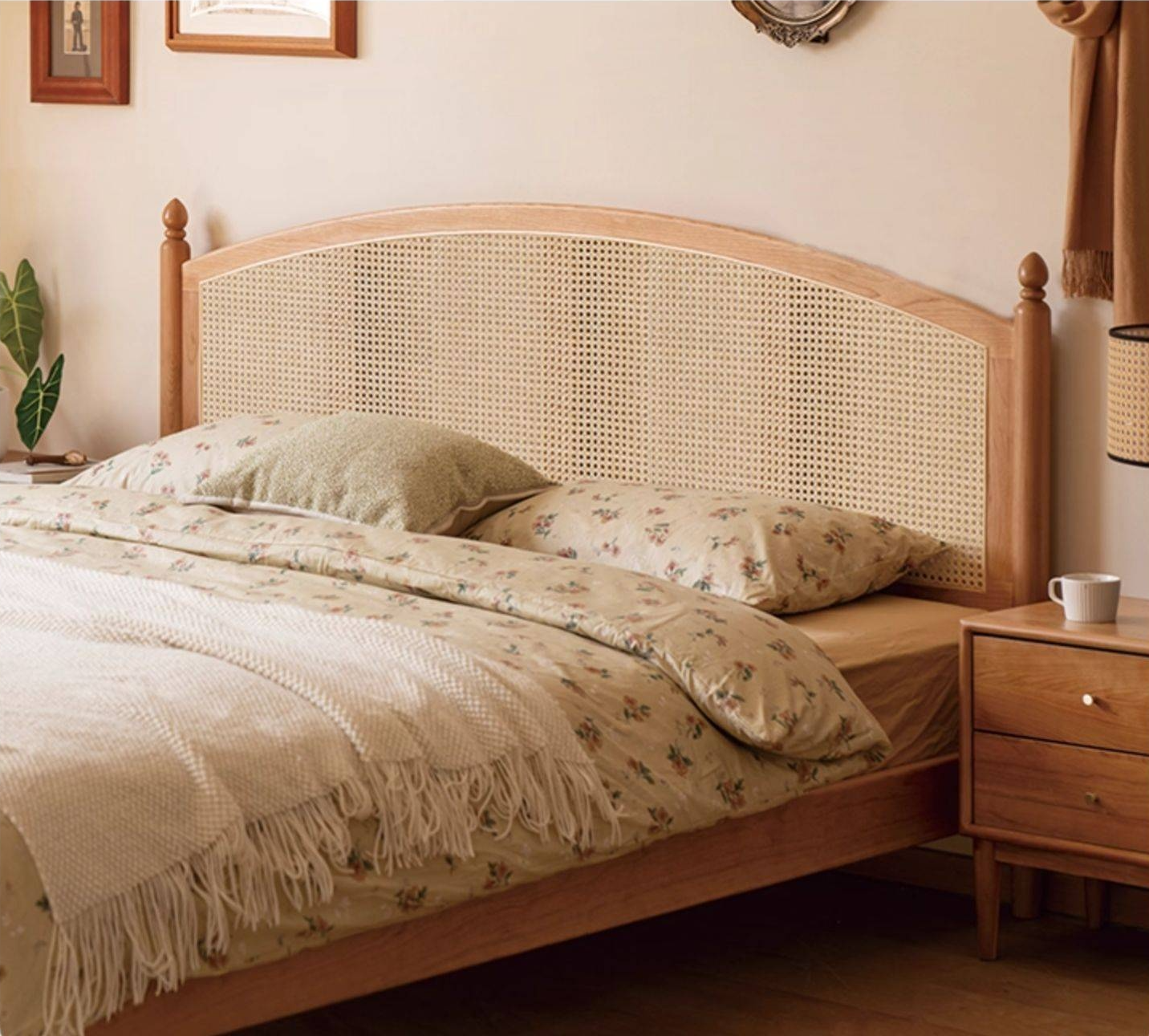 Cherry Solid Wood Rattan Bed Retro