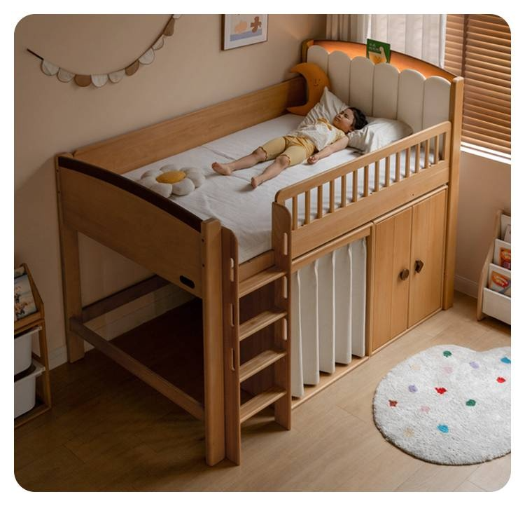 Beech Solid Wood Children's Soft Backrest Storage Loft Bed with Night Light