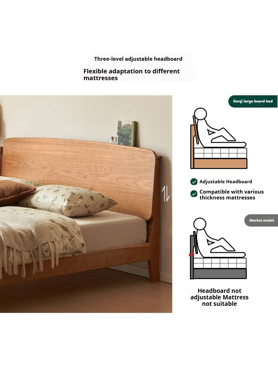 Cherry Solid Wood Bed — Retro Simple Luminous Bed with Charging and Storage