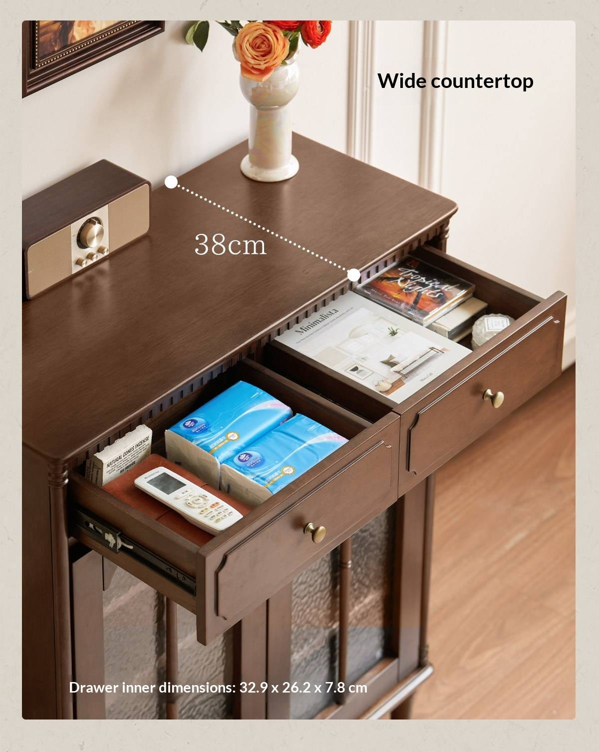 Solid Longan Hardwood French Vintage Shoe Cabinet with Arched Glass Doors and Adjustable Shelves