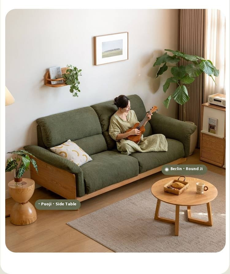 Oak Solid Wood Fabric Sofa, Couch with High Back Cushions, Durable Pet-Friendly Upholstery