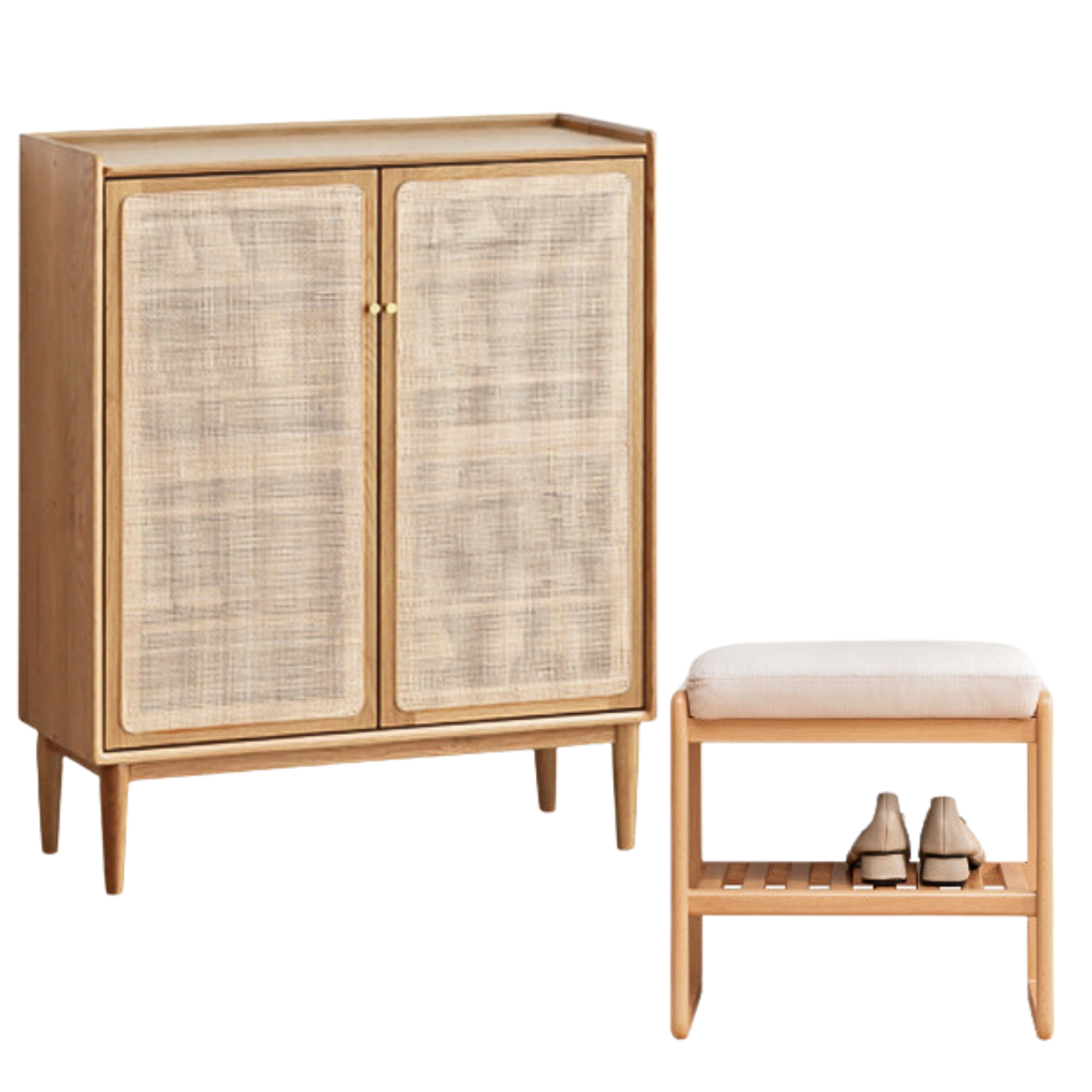 Oak Solid Wood Shoe Cabinet Storage Rattan