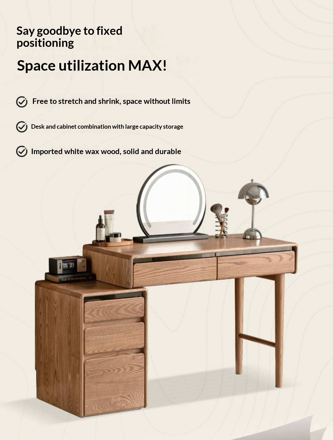 Ash Solid Wood Modern Vanity Table with Extendable Feature