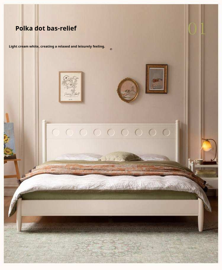 Rubberwood Solid Wood Platform Bed with Carved Dot Headboard and Spindle Legs