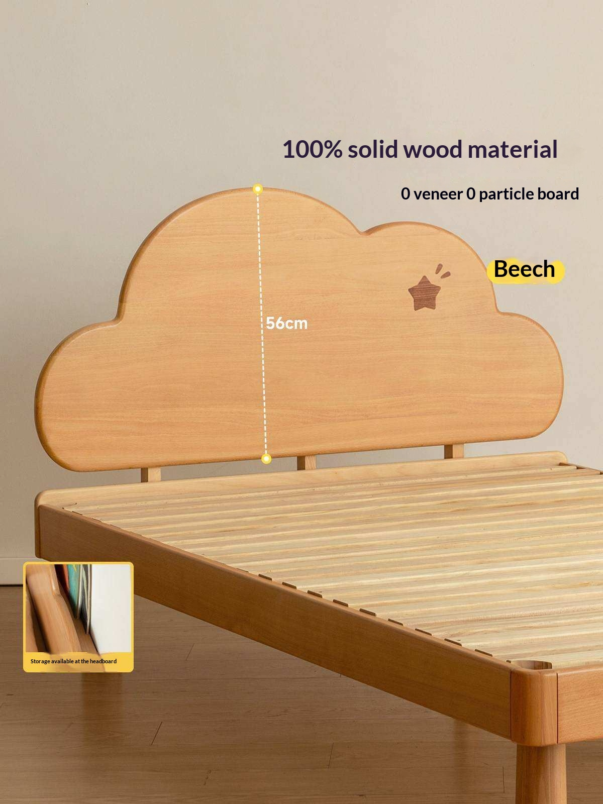 Beech Solid Wood Kids Montessori Platform Bed with Cloud Headboard