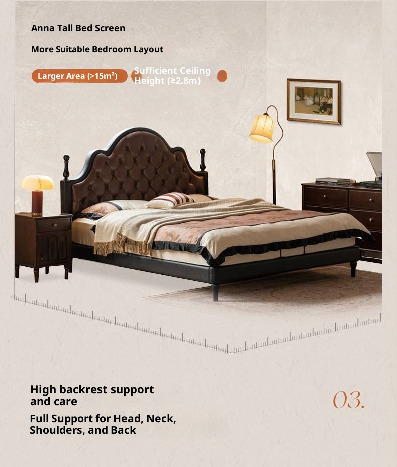 Genuine Leather Elegant Soft Backrest Bed, French Retro