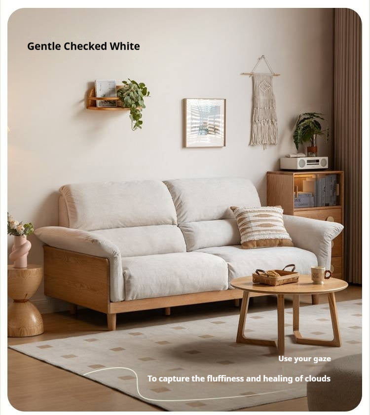 Oak Solid Wood Fabric Sofa, Couch with High Back Cushions, Durable Pet-Friendly Upholstery