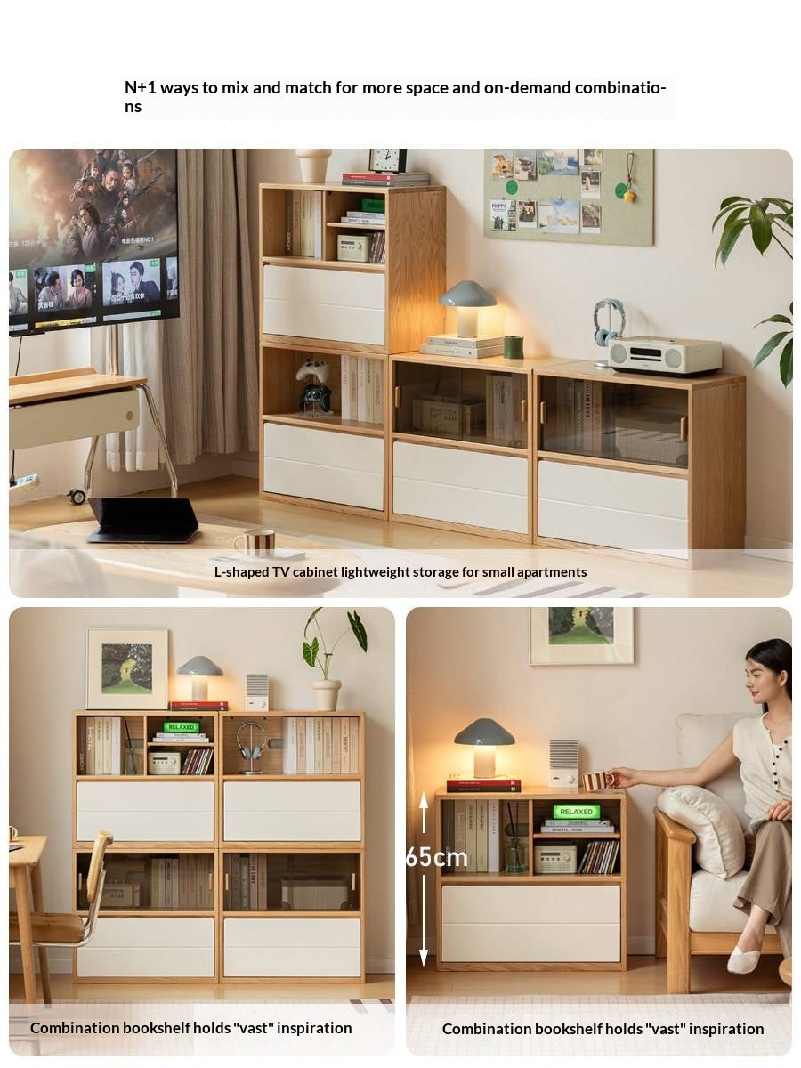 Oak Solid Wood Modular TV Cabinet System with Two-Tone Sliding Doors