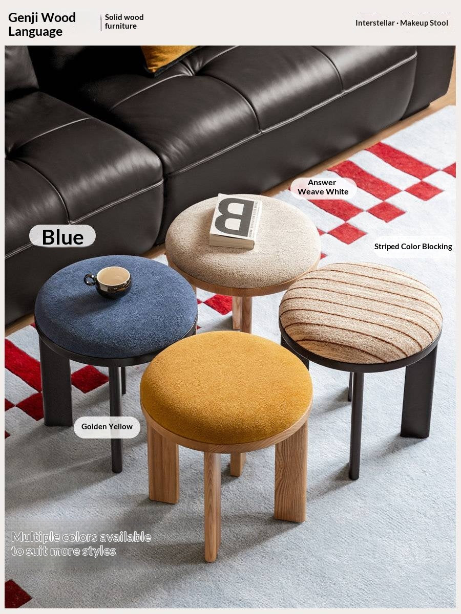 Ash Solid Wood Round Upholstered Stool with Slab Wood Legs
