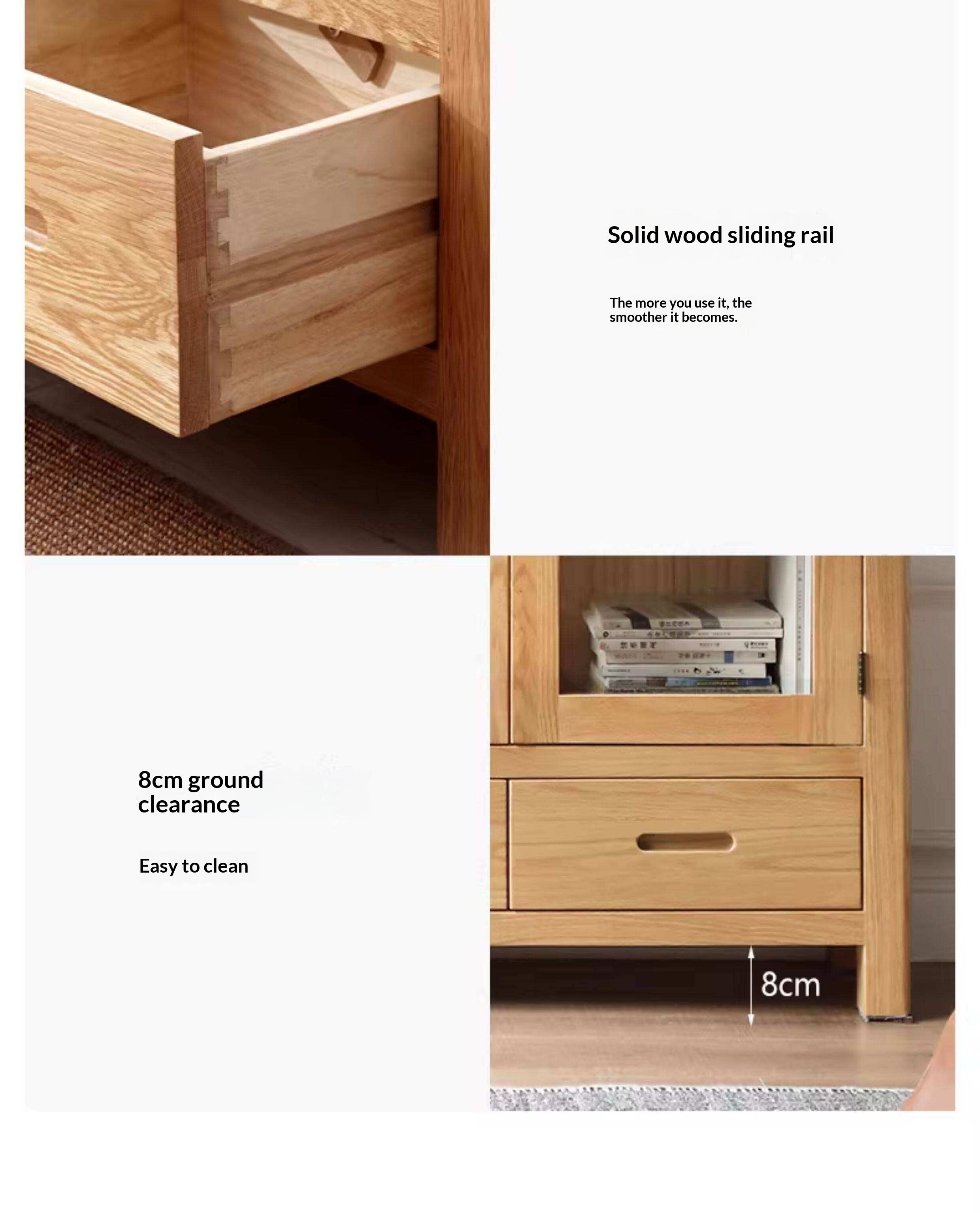 Oak, Solid Rubberwood Modern Bookcase with Glass Door Display Cabinet