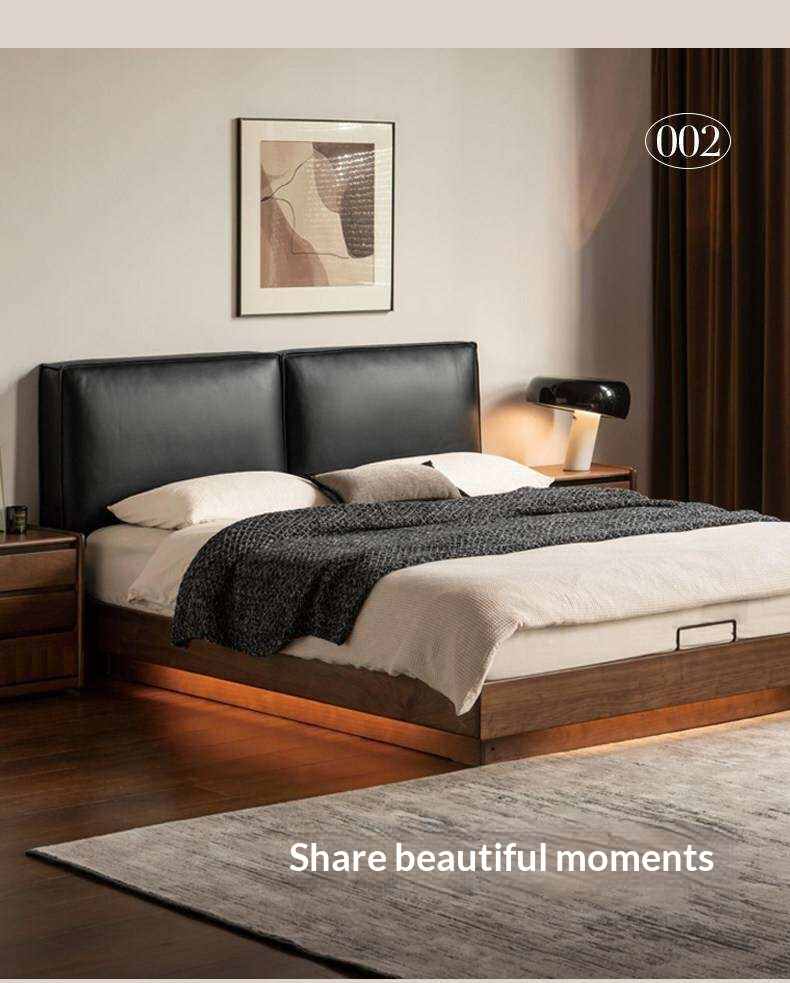 Black Walnut Solid Wood Box Bed — Italian Light Luxury, Genuine Leather Upholstered Headboard