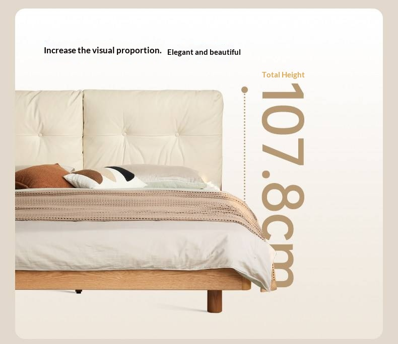 Oak Solid Wood Bed — Modern Minimalist, Genuine Leather Upholstered, Floating Design with Light