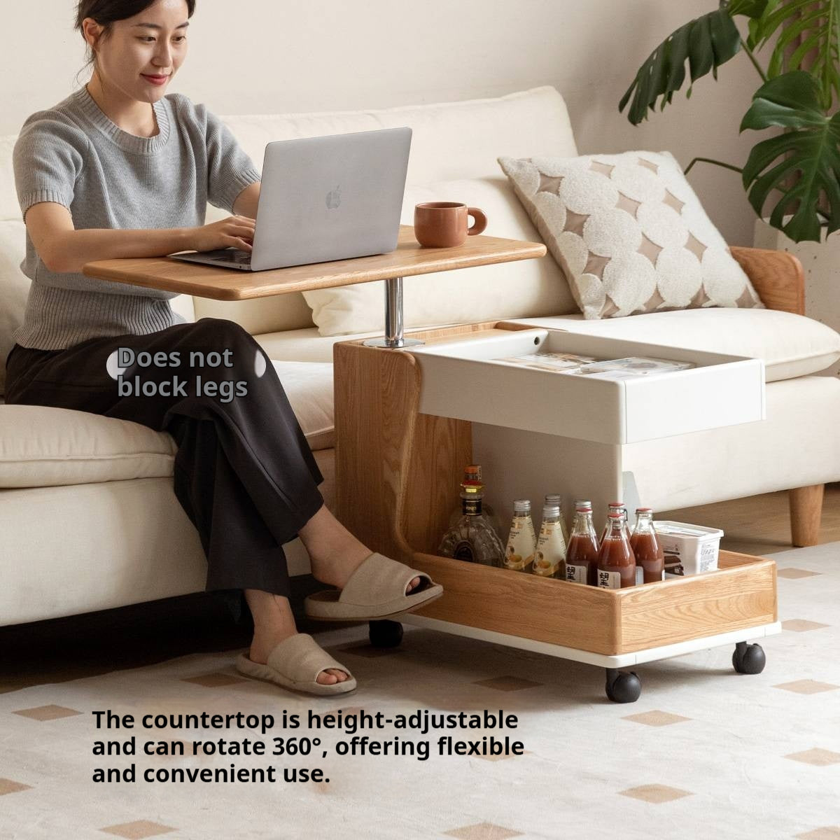 Oak Solid Wood Liftable Rotating Mobile Side Table