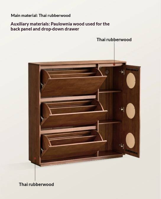 Solid RubberWood Vintage Shoe Cabinet with Flip-Down Drawers and Round Inlay Accents