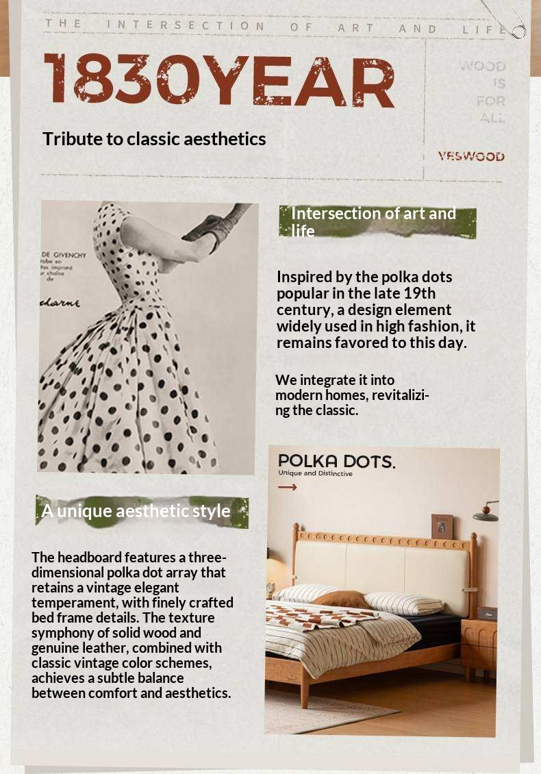 Cherry Solid Wood Double Bed with Vintage Style and Leather Upholstered Headboard