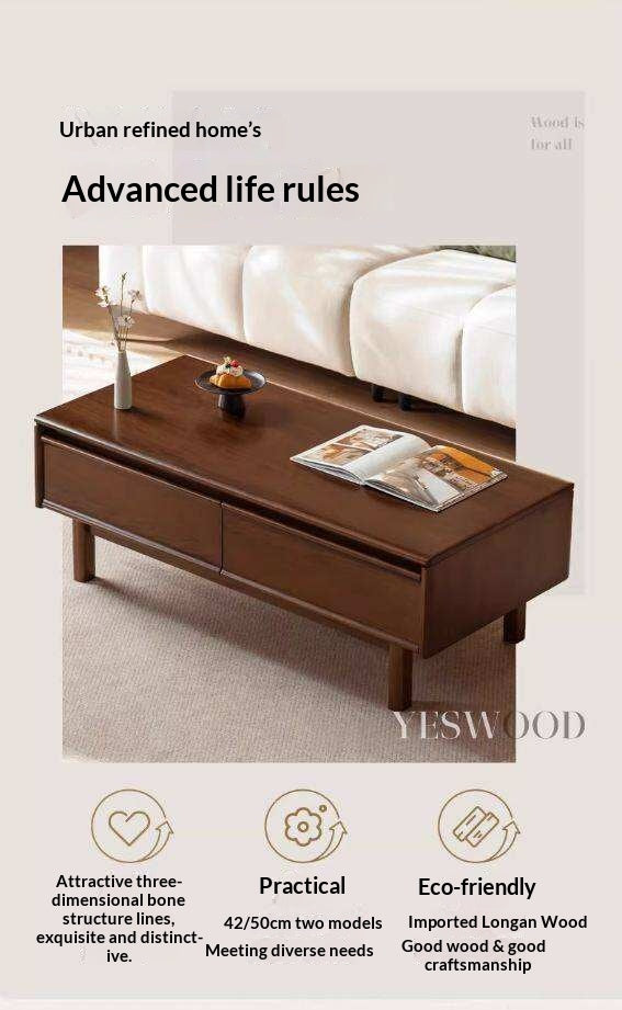 Solid Longan Hardwood Rectangular Coffee Table with Storage