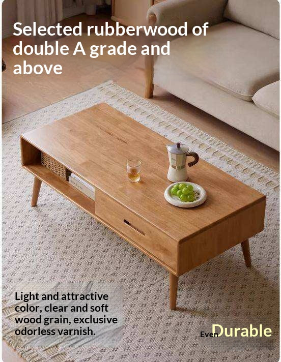 Solid RubberWood Coffee Table with Storage and Modern Aesthetic