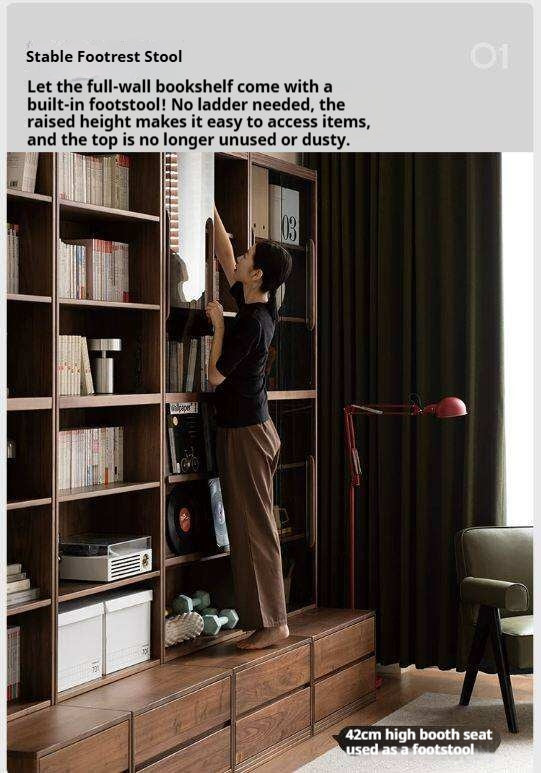 Black Walnut, Sandalwood Solid Wood Light Luxury Combined Bookshelf With Seat
